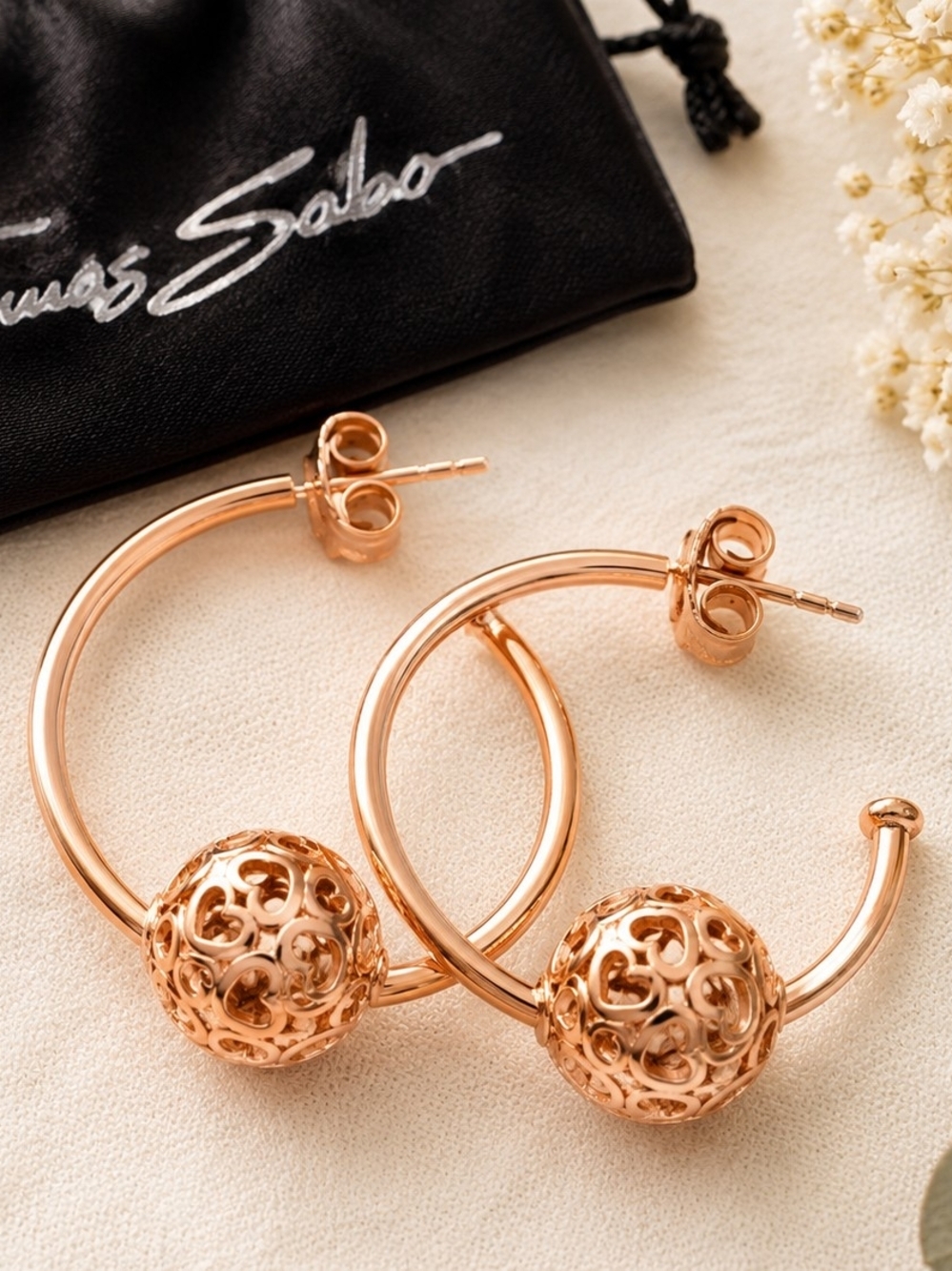 Thomas Sabo AG925 Rose Gold Sterling Silver Filigree Orb Hoop Earrings w Pouch
